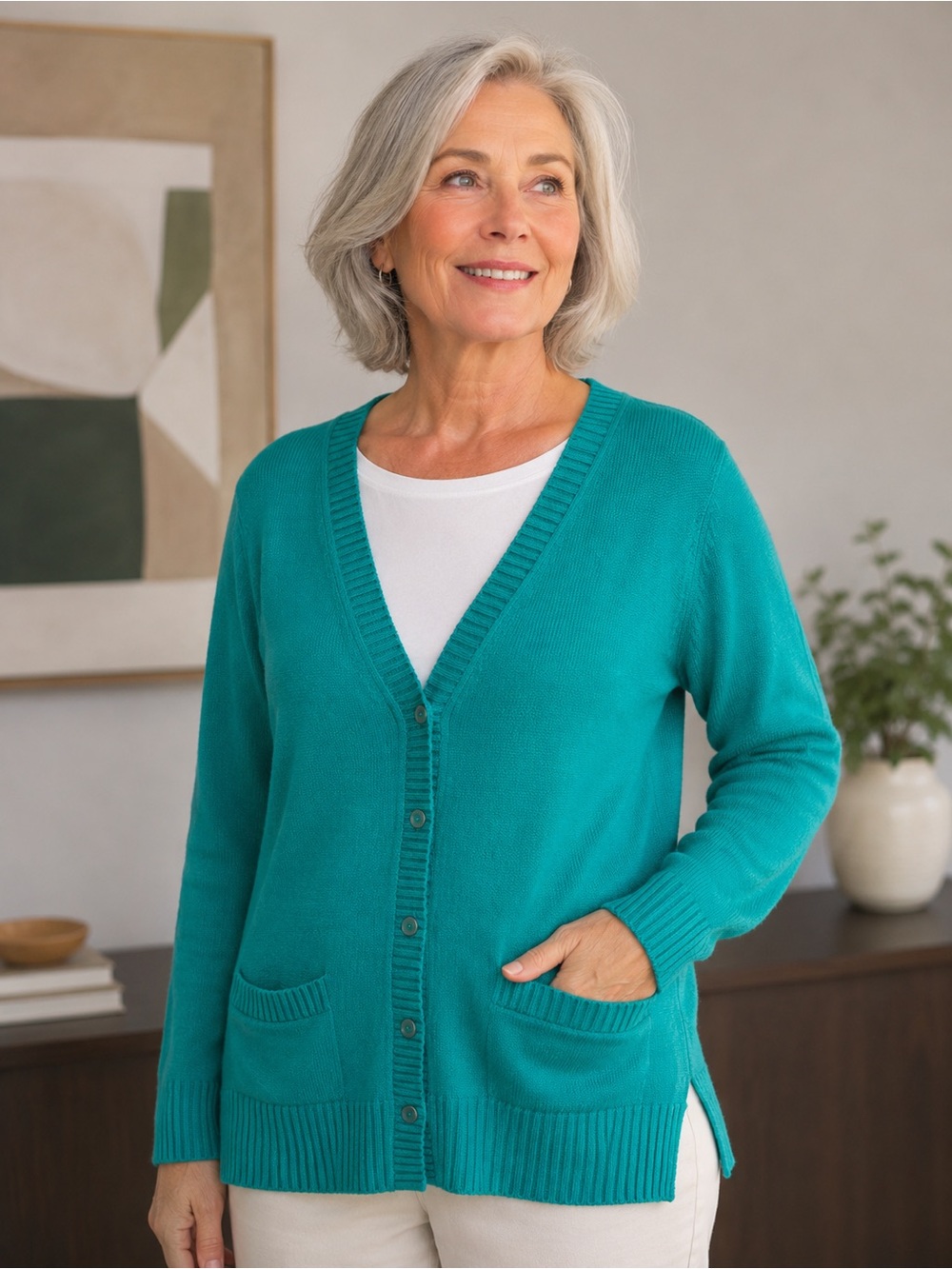 Isaac Mizrahi Teal V-Neck Button Front Cardigan